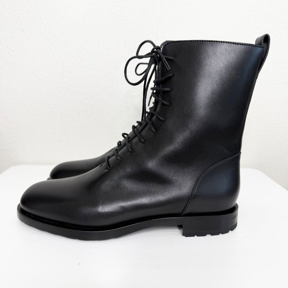 Manolo Blahnik Planigia Black Leather Combat Boots EU 37.5 Lace Up Ankle Booties - Picture 4 of 12